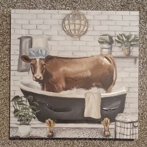 Whimsical Cow in Bathtub Wall Art Canvas